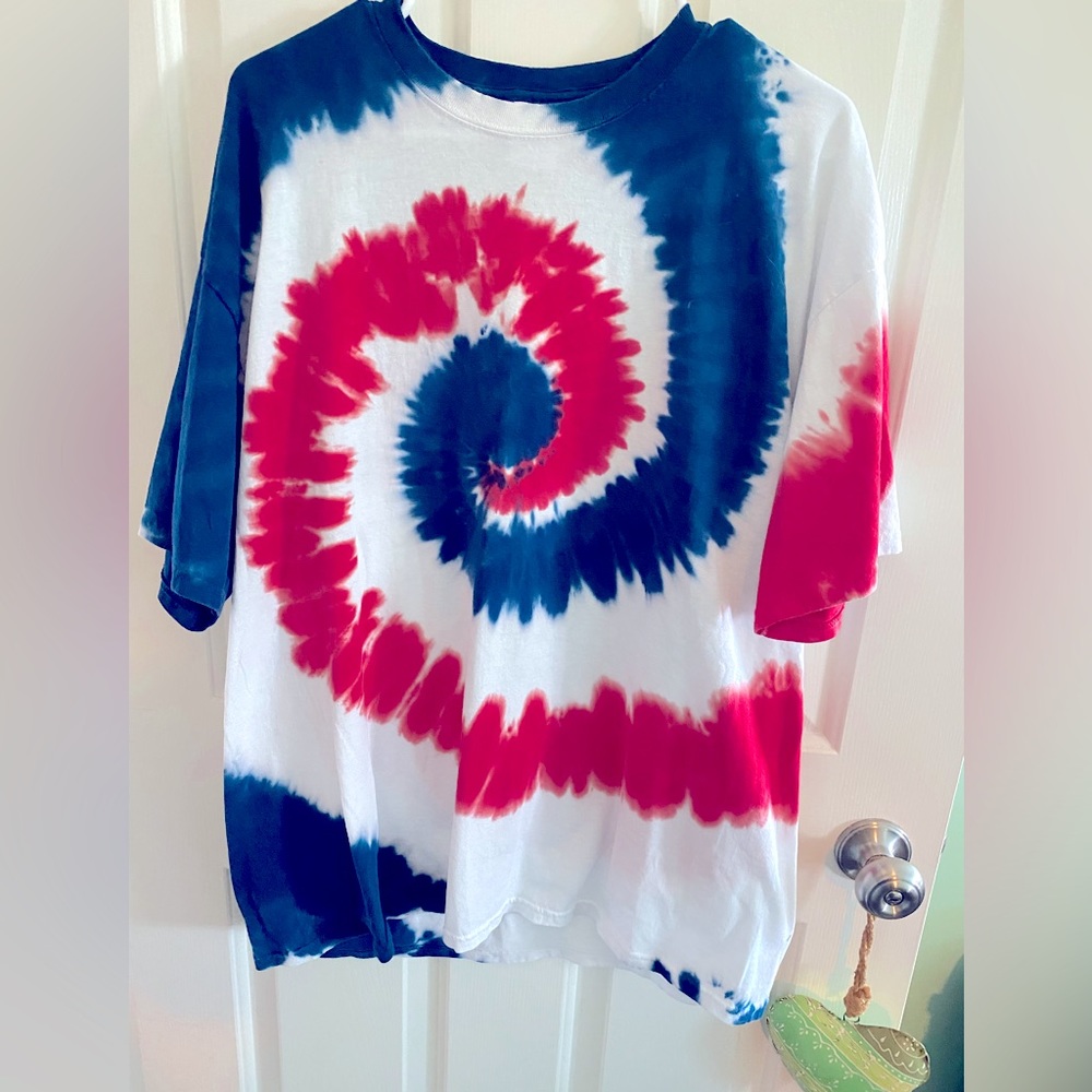 Red , white and blue tie dye shirt